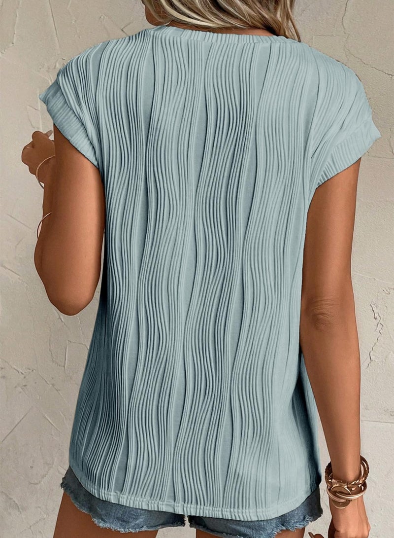 EVALESS Womens 2026 Round Neck Short Sleeve T Shirts Fashion Trendy Spring Summer Loose Fitted Plain Knit Textured Tops Casual Tee Blouses Clothes Mist Blue Medium - Image 3
