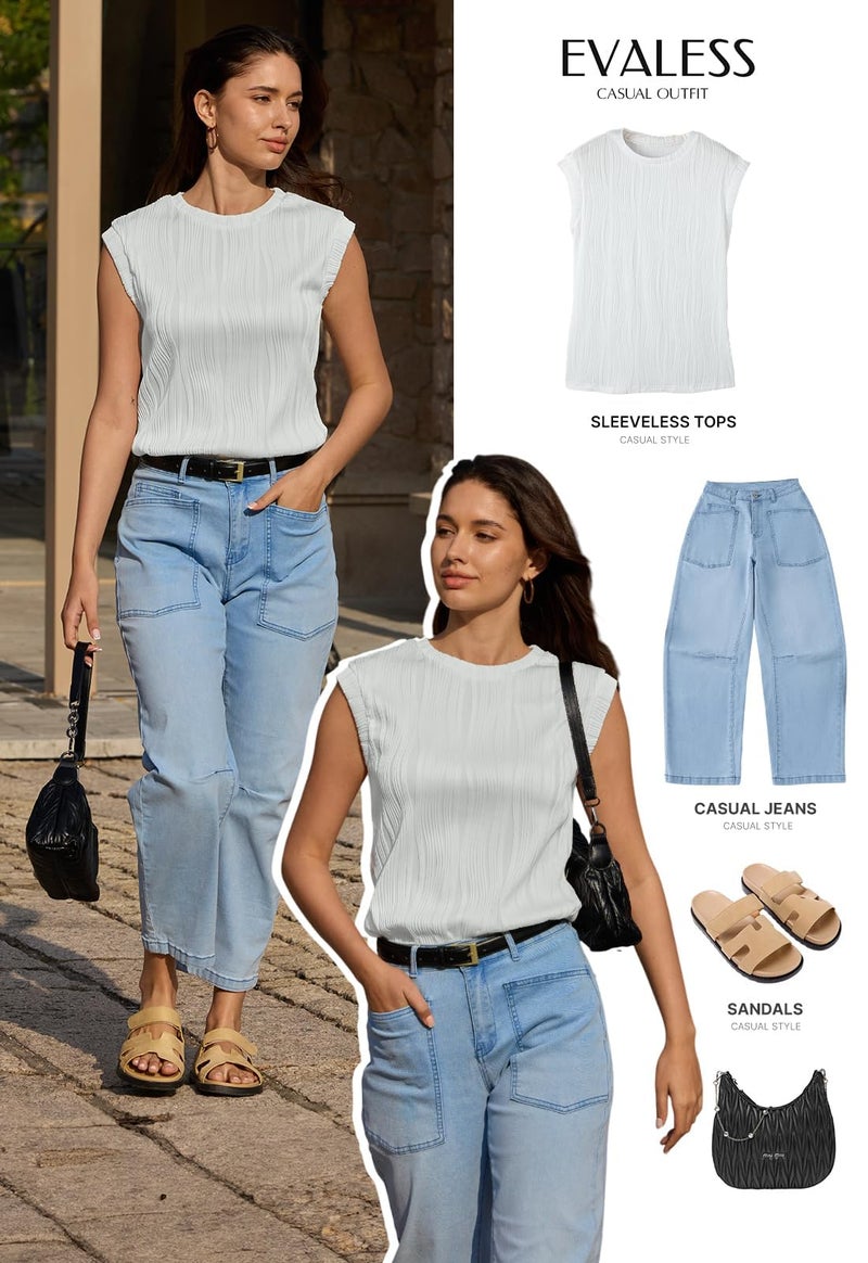 EVALESS Womens 2026 Round Neck Short Sleeve T Shirts Fashion Trendy Spring Summer Loose Fitted Plain Knit Textured Tops Casual Tee Blouses Clothes Mist Blue Medium - Image 4