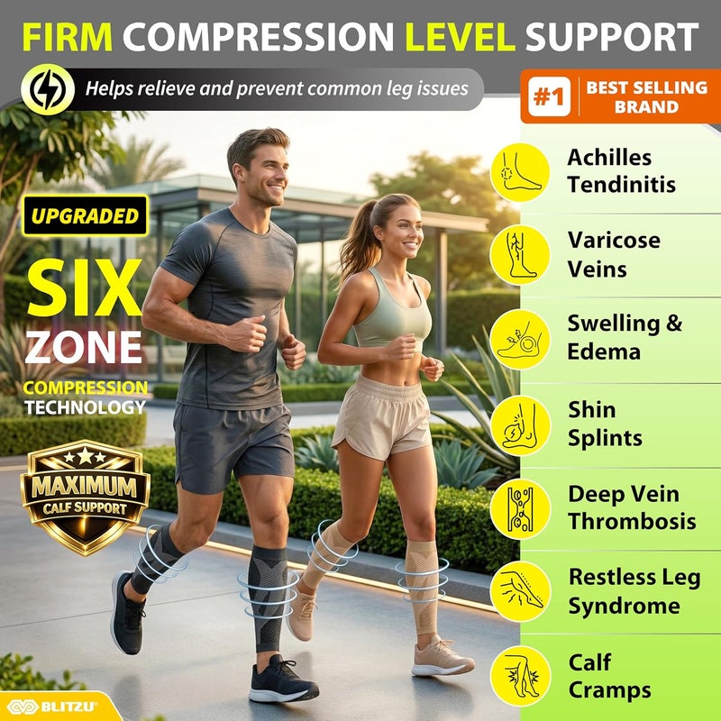 BLITZU Calf Sleeves (1 Pair) Power+ Compression Men and Women Performance Leg Guards. True Graduated Compression. Improves Circulation, Aids Muscle Recovery - Image 2
