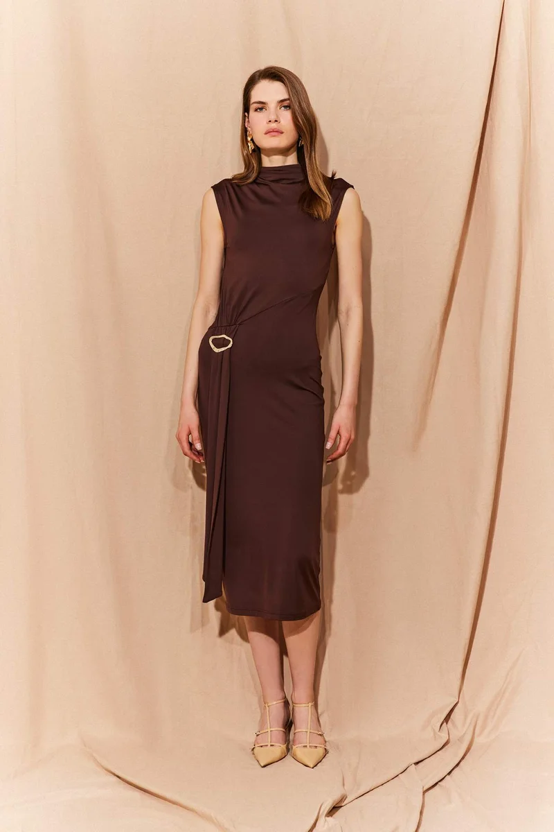 ديفاكتو Bodycon Body-hugging Turtleneck Basic Sleeveless Midi Dress