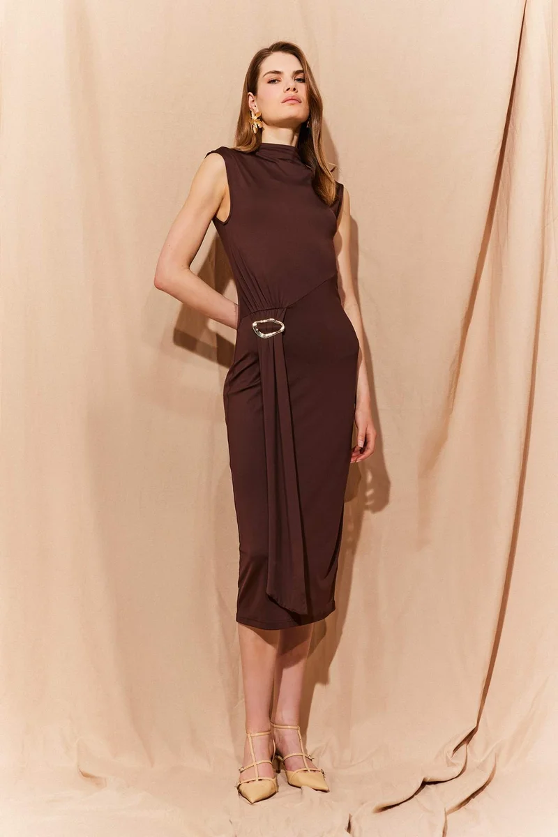ديفاكتو Bodycon Body-hugging Turtleneck Basic Sleeveless Midi Dress