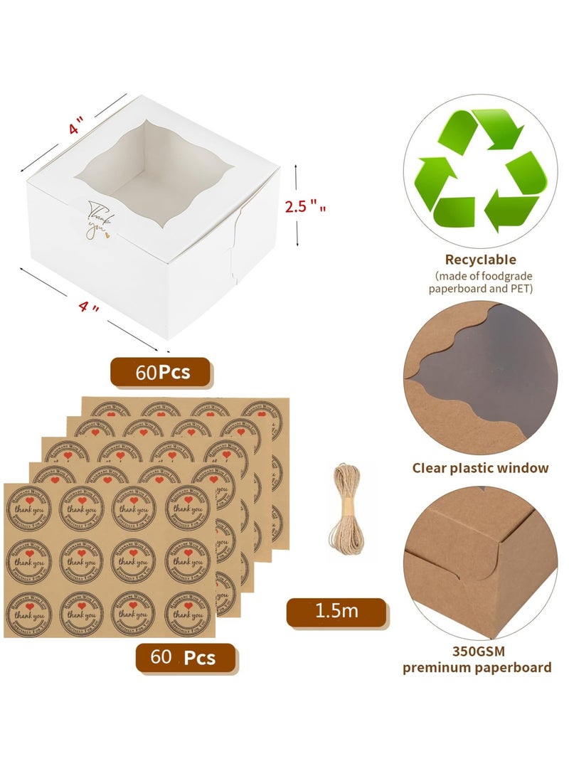 60pcs Small Cookie Boxes with Window,,4x4x2.5inches Thick Bakery Boxes with Stickers Dessert &  Cookie Boxes for Mini Cake Treat Dessert Pastry Donuts Macaroon Strawberries Chocolate - Image 3