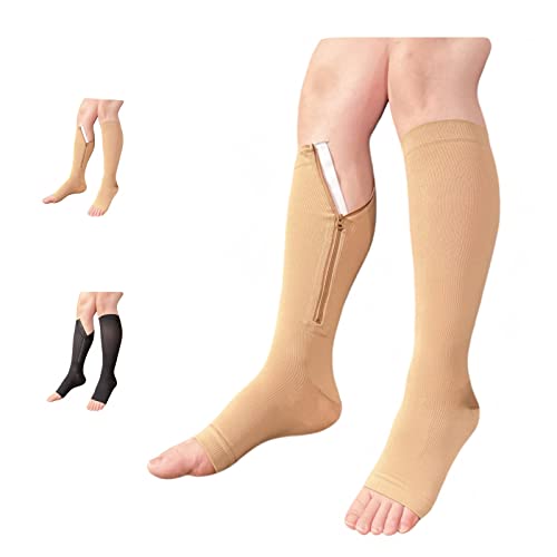 Ziperior Open Toe 15-20 mmHg Compression Grade Calf Pain Leg Inside Zipper Socks (Nude, Large-X-Large) - Image 1