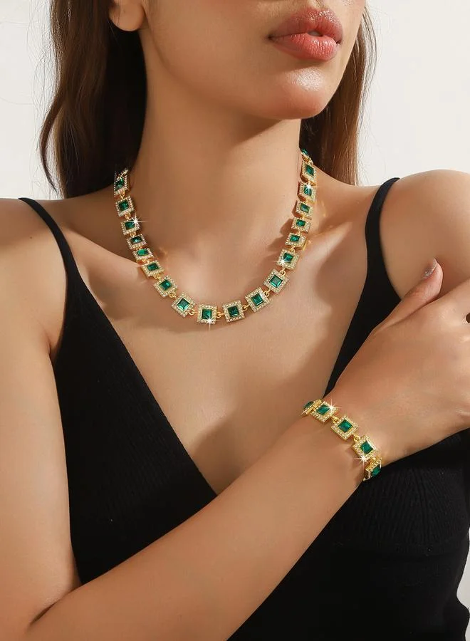 Take Two Emerald Green Square Crystal Necklace and Bracelet Set
