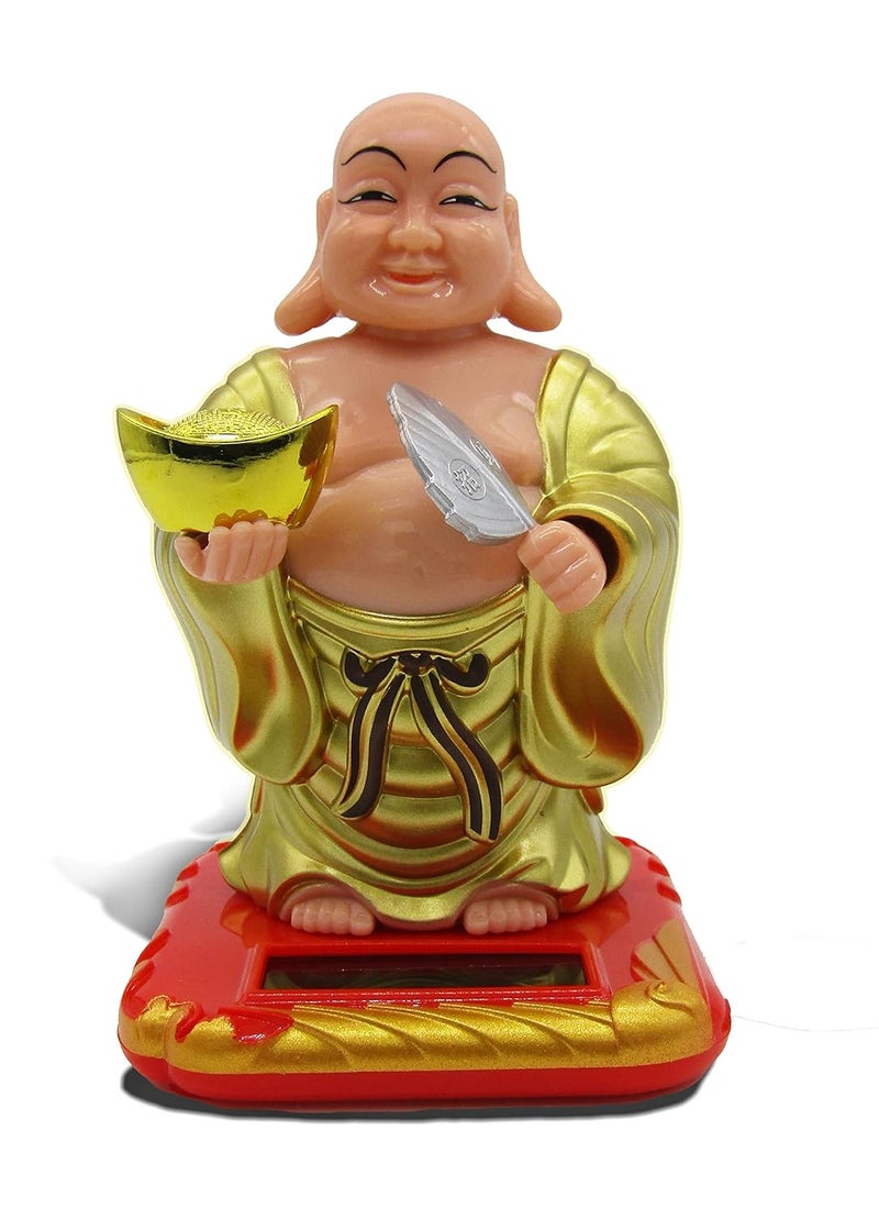 RENMAX Laughing Buddha Solar Powered with Waving Fan Moving Head for FengShui Decorative Gift Pack Showpiece Plastic Yellow 1 Pc - Image 2