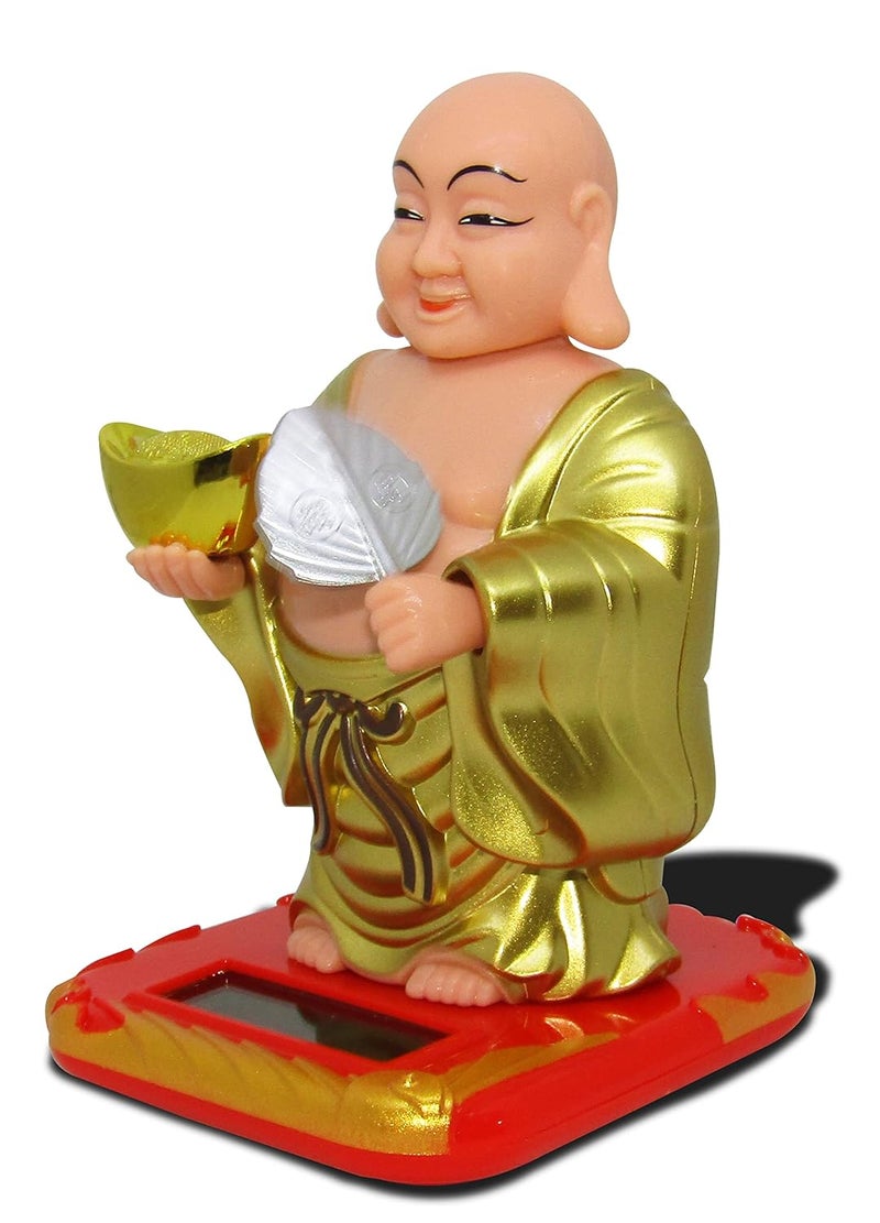 RENMAX Laughing Buddha Solar Powered with Waving Fan Moving Head for FengShui Decorative Gift Pack Showpiece Plastic Yellow 1 Pc - Image 1