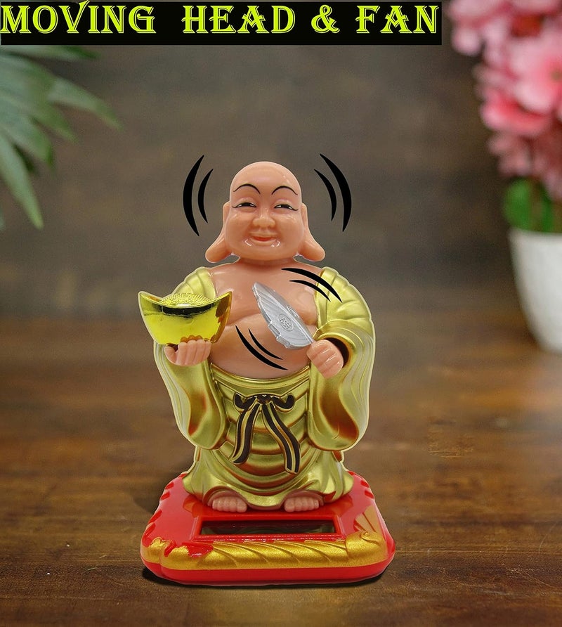 RENMAX Laughing Buddha Solar Powered with Waving Fan Moving Head for FengShui Decorative Gift Pack Showpiece Plastic Yellow 1 Pc - Image 4