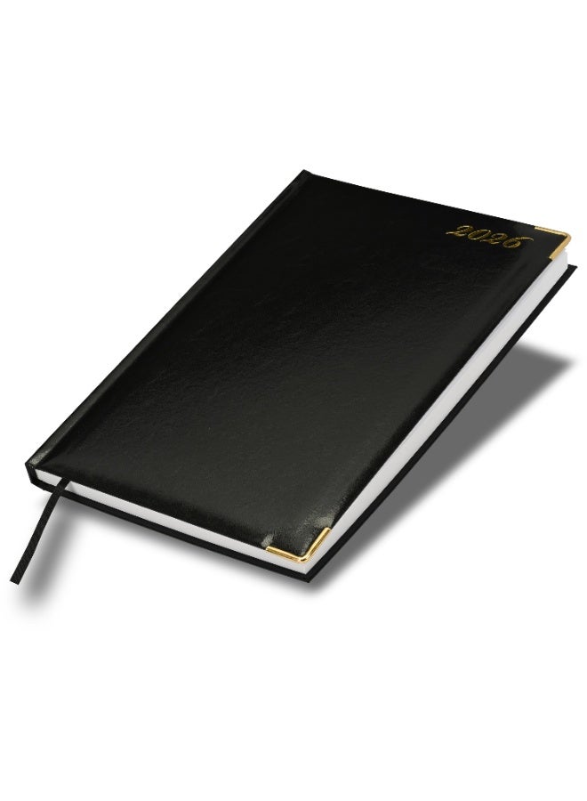 FIS 2026 Diary, A4 Size Diary(210x297mm), Hard Cover Vinyl Materials, 1 Side Padded Cover, Golden Corners, English, 60gsm White Paper, Black Color-FSDI42E26BK - Image 1