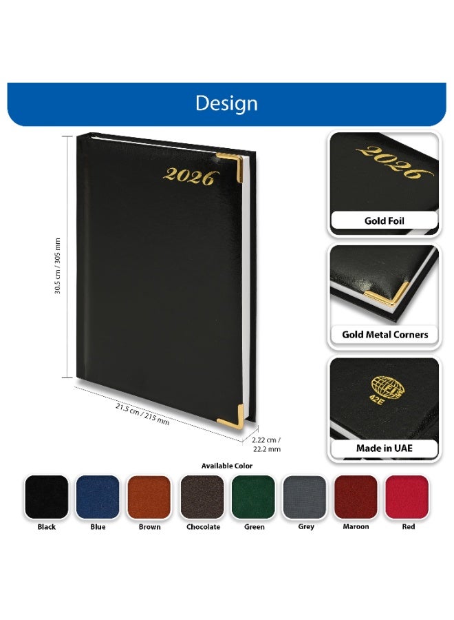 FIS 2026 Diary, A4 Size Diary(210x297mm), Hard Cover Vinyl Materials, 1 Side Padded Cover, Golden Corners, English, 60gsm White Paper, Black Color-FSDI42E26BK - Image 4