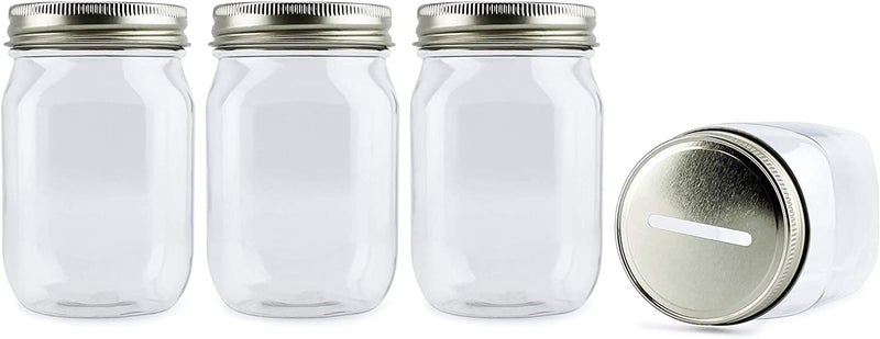 Cornucopia Brands Small Coin Bank Jars (4-Pack, Clear); 16oz Clear Plastic Mason Jar Coin Banks w/Gold Slotted Lids - Image 1