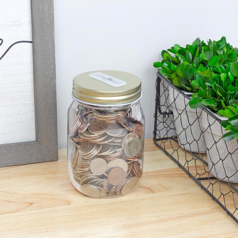 Cornucopia Brands Small Coin Bank Jars (4-Pack, Clear); 16oz Clear Plastic Mason Jar Coin Banks w/Gold Slotted Lids - Image 2