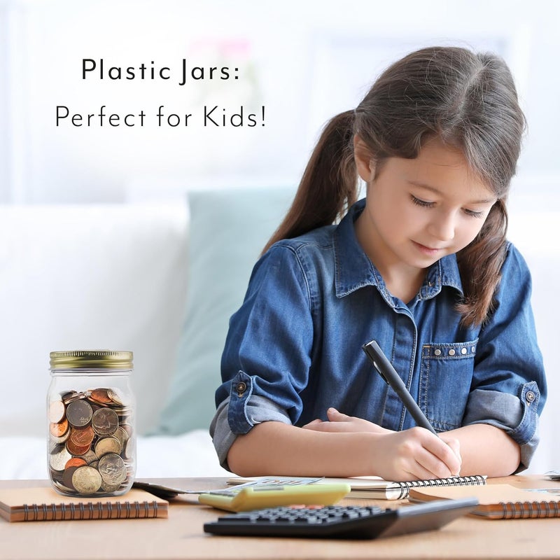 Cornucopia Brands Small Coin Bank Jars (4-Pack, Clear); 16oz Clear Plastic Mason Jar Coin Banks w/Gold Slotted Lids - Image 5