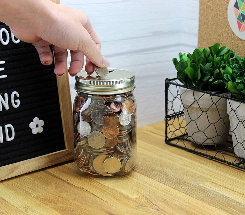 Cornucopia Brands Small Coin Bank Jars (4-Pack, Clear); 16oz Clear Plastic Mason Jar Coin Banks w/Gold Slotted Lids - Image 4