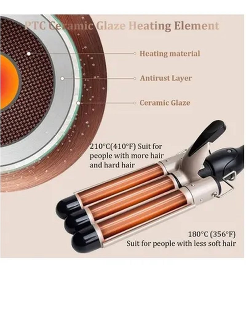 XiuWoo 3-Barrel Curling Iron Wand Hair Crimper Golden/Black - Image 4