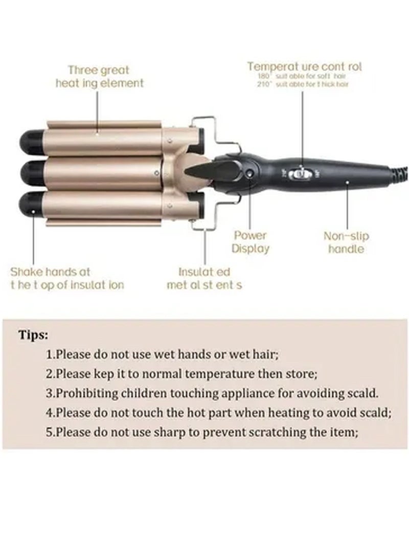 XiuWoo 3-Barrel Curling Iron Wand Hair Crimper Golden/Black - Image 2