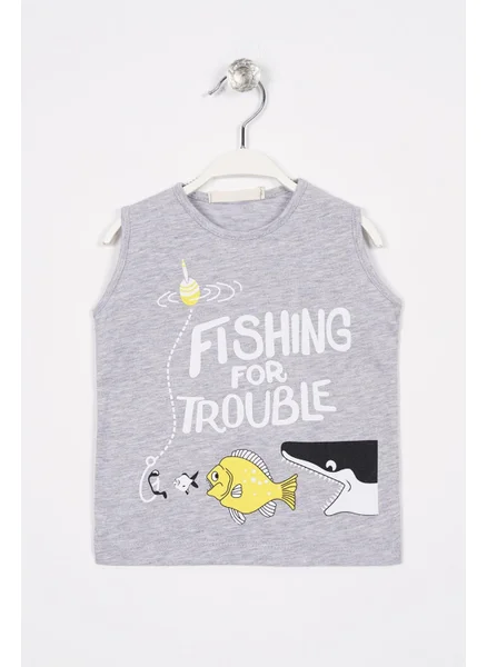 Zepkids Fishing For Trouble Text Printed Gray Melange Color Boy T-shirt