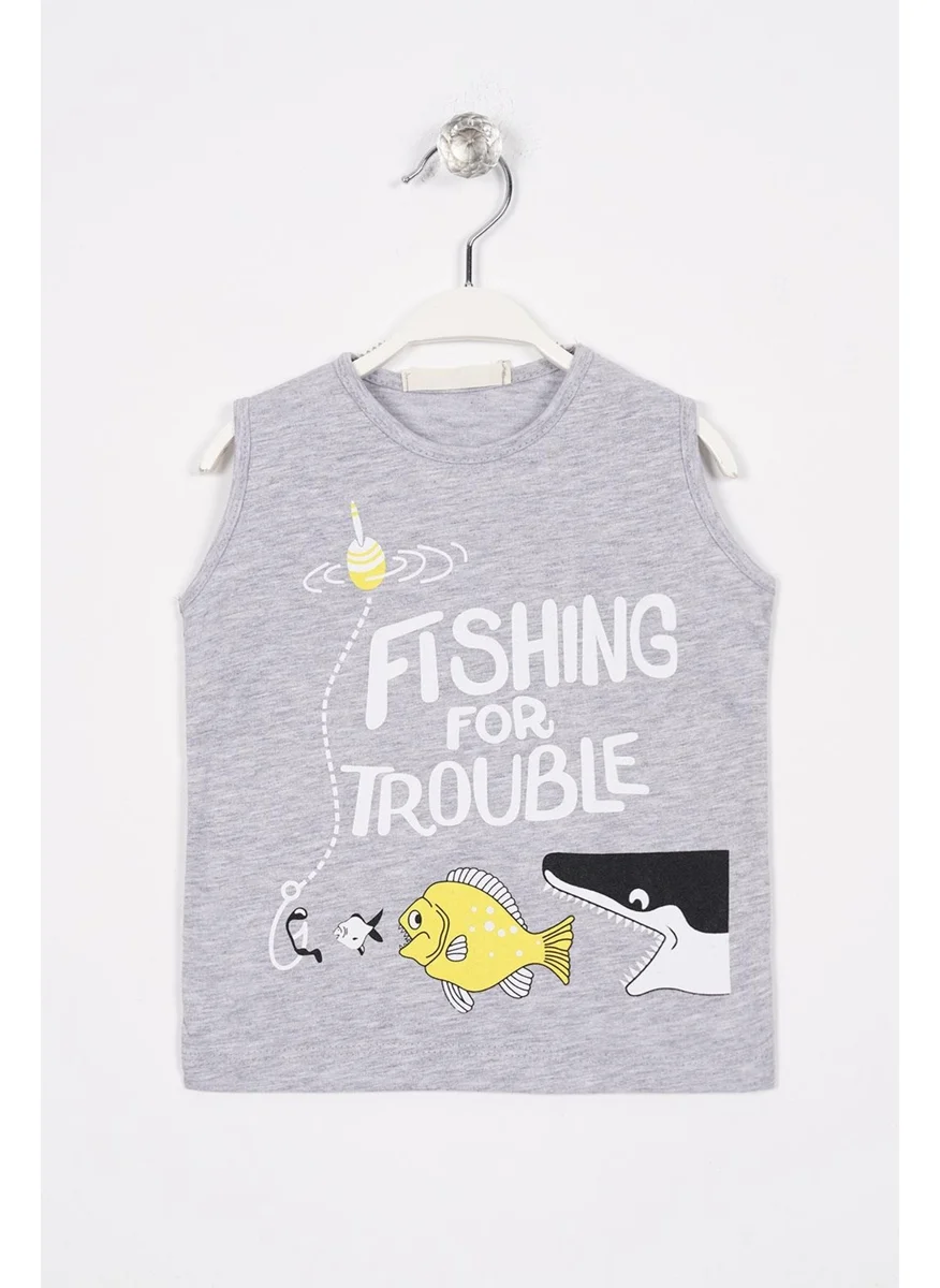 Zepkids Fishing For Trouble Text Printed Gray Melange Color Boy T-shirt