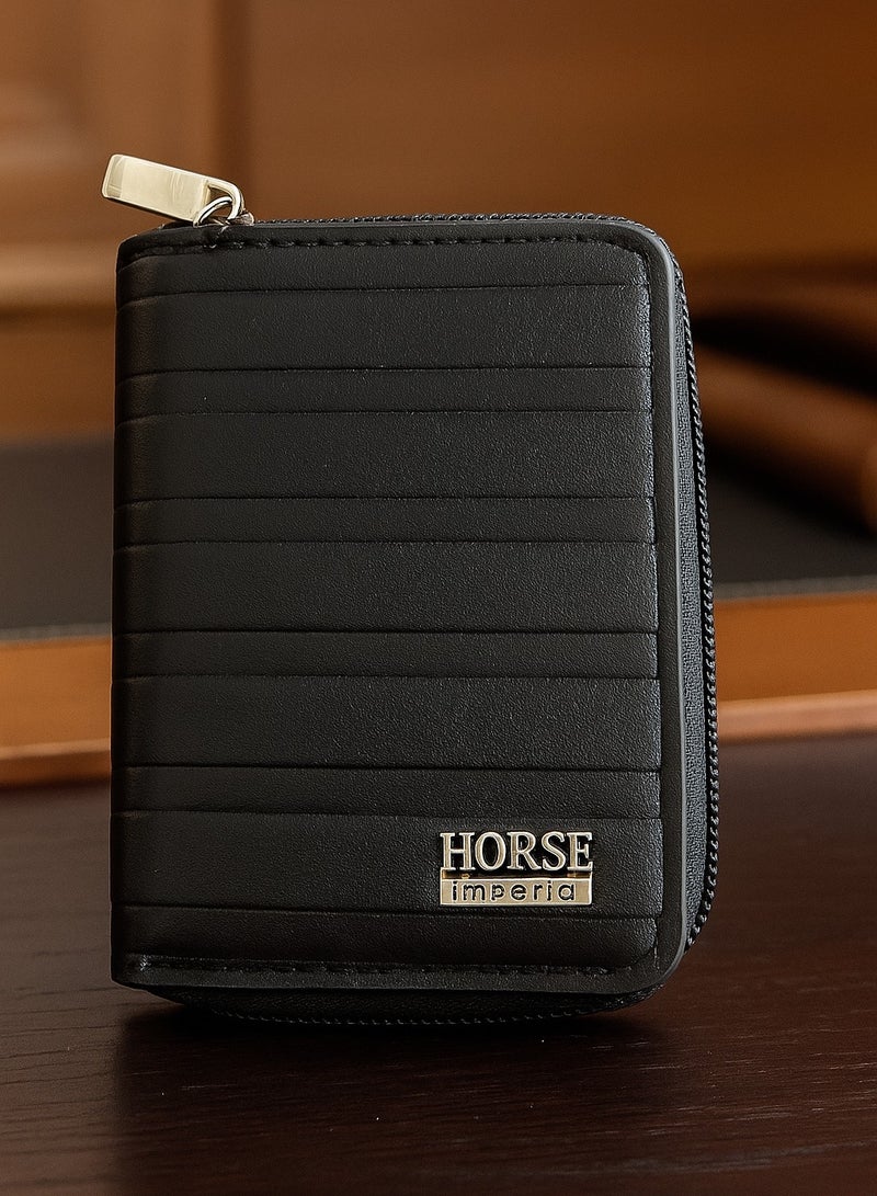 HORSE Imperia Zip Card Wallet - Stylish Faux Leather, Black, Modern Slim Design for Cards and Cash - Image 1