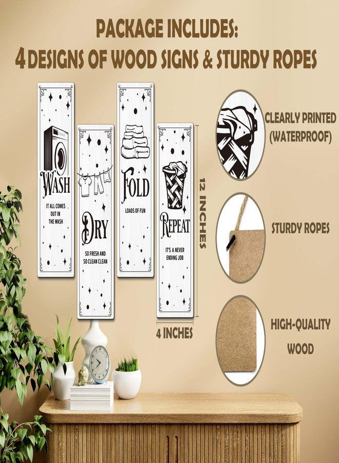 Zmyollo Laundry Room Wall Decor Sign, 4 Pieces Laundry Room Wooden Sign With Rope, Wash Dry Fold Repeat Wall Art Decor For Farmhouse Home Washroom Bathroom, Artwork Gifts For Family Friend Colleague, B23 - Image 2