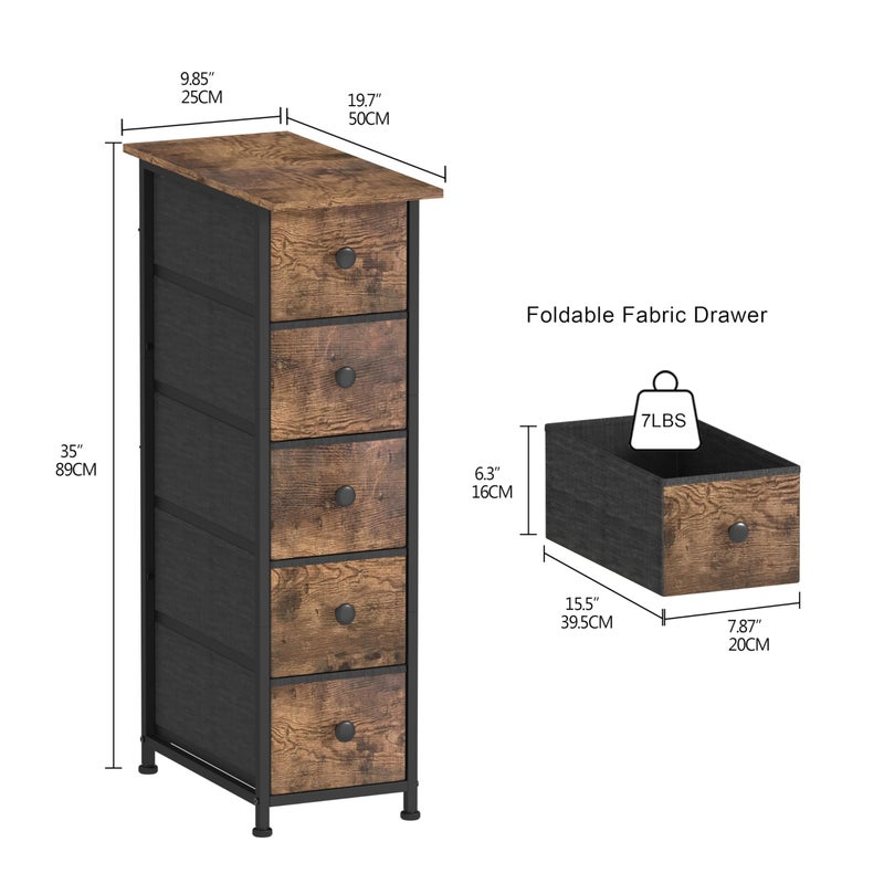 GiftGo Narrow Dresser Vertical Slim Dresser Chest of Drawers Skinny Storage Tower for Small Spaces Gaps Closet Bedroom Bathroom Small Fabric Drawer Unit (Rustic Brown, 5 Drawers) - Image 2