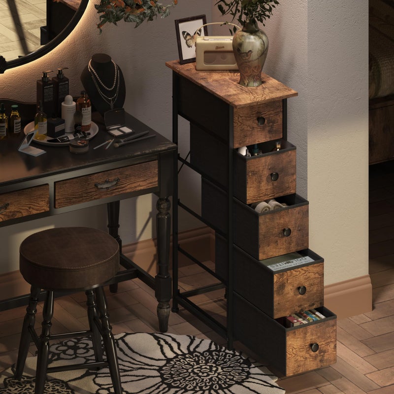 GiftGo Narrow Dresser Vertical Slim Dresser Chest of Drawers Skinny Storage Tower for Small Spaces Gaps Closet Bedroom Bathroom Small Fabric Drawer Unit (Rustic Brown, 5 Drawers) - Image 4