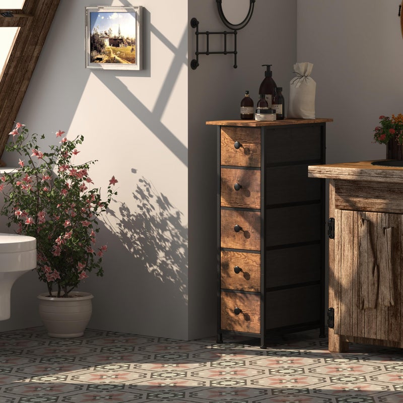 GiftGo Narrow Dresser Vertical Slim Dresser Chest of Drawers Skinny Storage Tower for Small Spaces Gaps Closet Bedroom Bathroom Small Fabric Drawer Unit (Rustic Brown, 5 Drawers) - Image 3