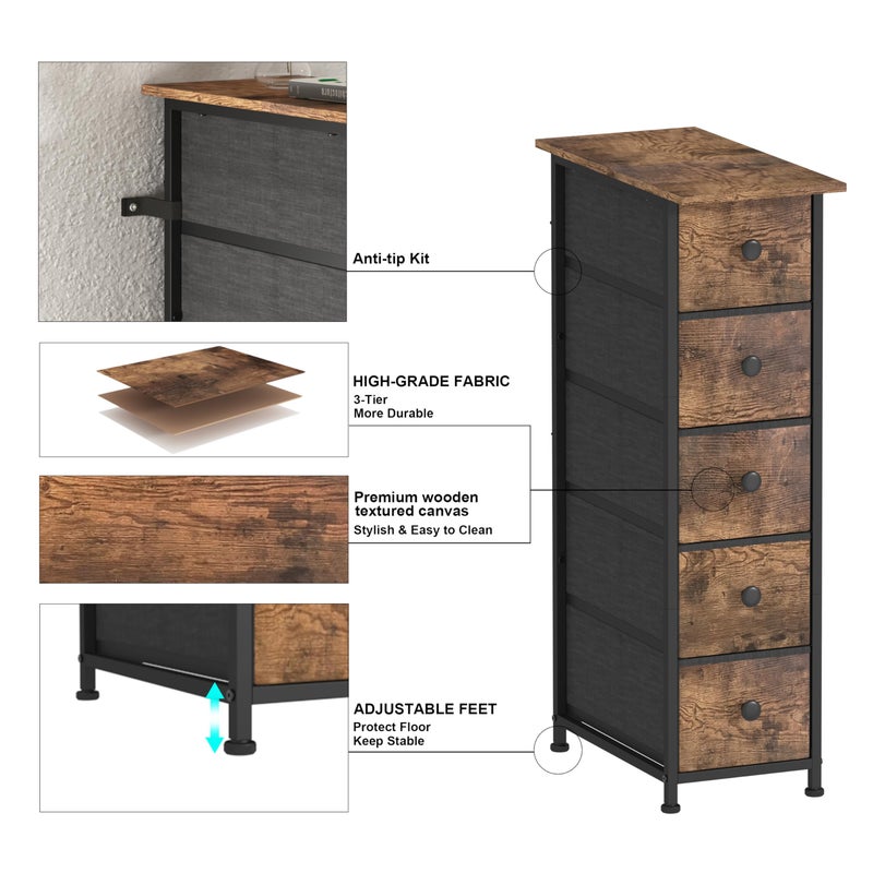 GiftGo Narrow Dresser Vertical Slim Dresser Chest of Drawers Skinny Storage Tower for Small Spaces Gaps Closet Bedroom Bathroom Small Fabric Drawer Unit (Rustic Brown, 5 Drawers) - Image 5