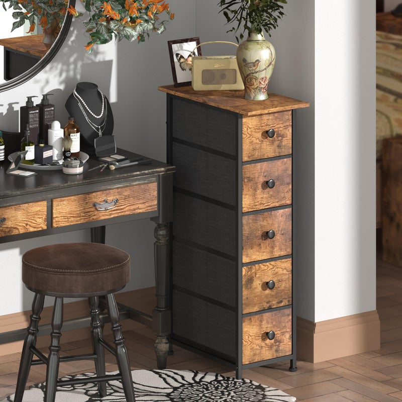 GiftGo Narrow Dresser Vertical Slim Dresser Chest of Drawers Skinny Storage Tower for Small Spaces Gaps Closet Bedroom Bathroom Small Fabric Drawer Unit (Rustic Brown, 5 Drawers) - Image 1
