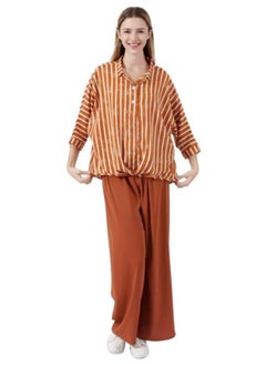 Generic Stylish Stripe and Letter Print Long Sleeve Shirt - Classic Casual Button Front Turn Down Collar Design with Linen Pants Fit to Large-XL T-164  - Image 1