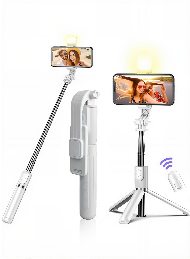 Selfie Stick with Light, Tripod Long Phone Selfie Stick with Connecting Phone Bluetooth for Makeup, Selfie, Vlogging, Youtube, Live (White) - Image 1