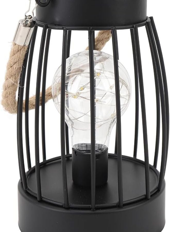 Vintage Black Iron Table Lantern With Hemp Rope Handle Battery Operated Warm Light For Home Garden - Image 4