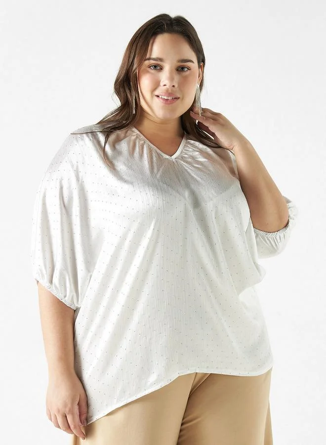 2Xtremz 2Xtremz Embellished V-neck Top with 3/4 Sleeves and Tie-Up Detail