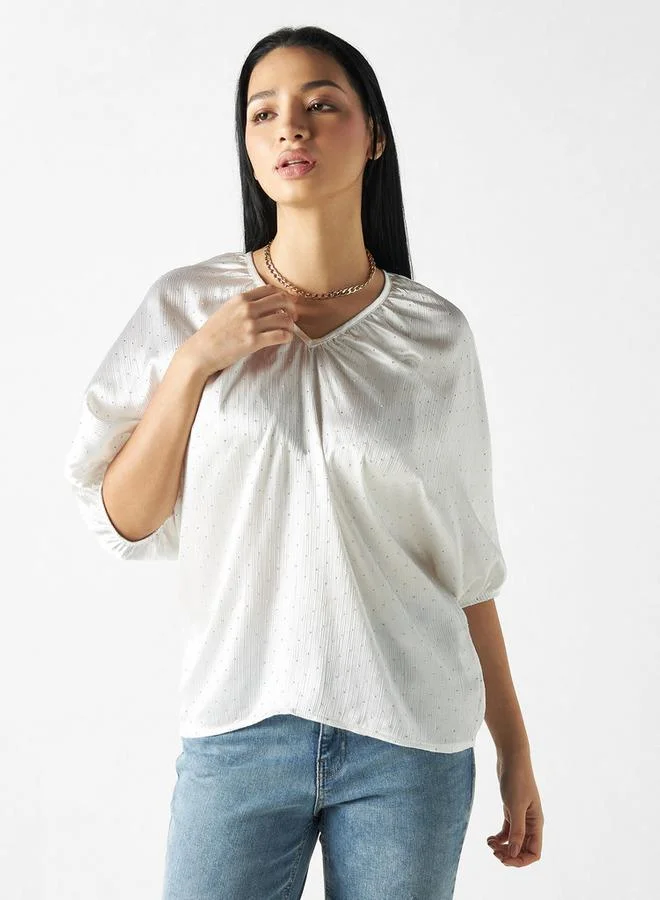 2Xtremz 2Xtremz Embellished V-neck Top with 3/4 Sleeves and Tie-Up Detail
