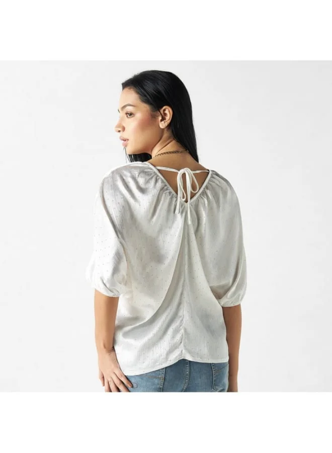 2Xtremz 2Xtremz Embellished V-neck Top with 3/4 Sleeves and Tie-Up Detail