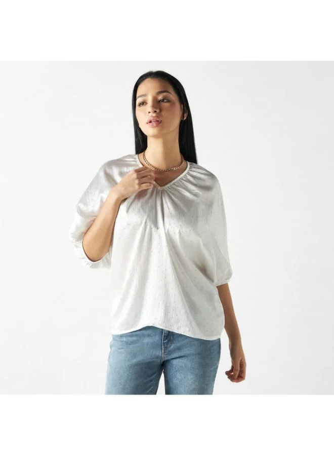 2Xtremz 2Xtremz Embellished V-neck Top with 3/4 Sleeves and Tie-Up Detail