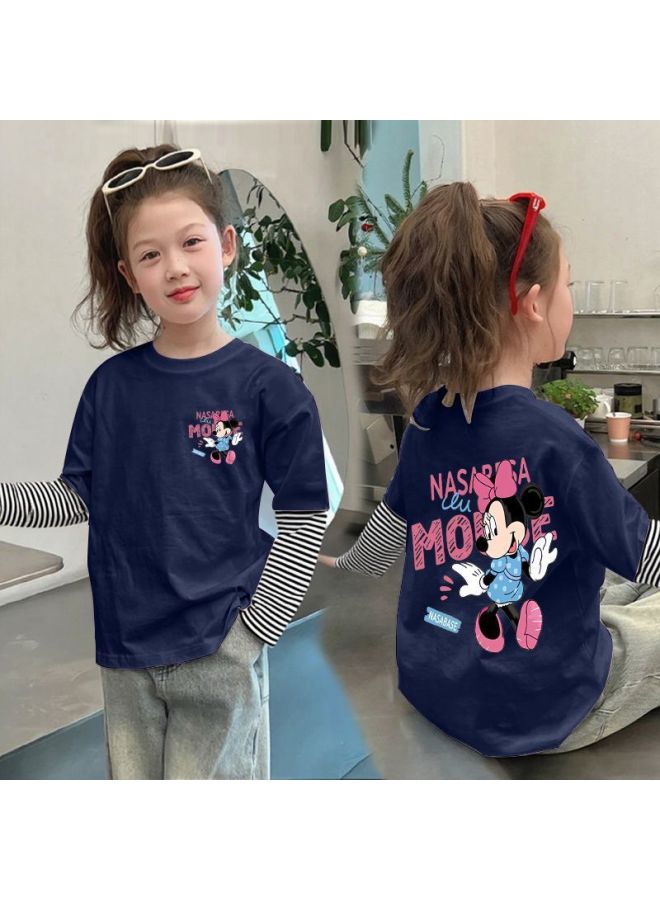 Pure Cotton T-shirt Long-sleeved Fake Two-piece New Kidsren's Bottoming Shirt Girls Spring & Fall Korean Style Tops For Outer Wear Trendy