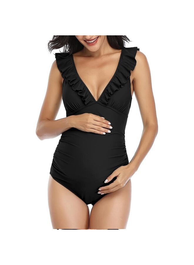 ملابس سباحة للأمومة برقبة على شكل حرف V قطعة واحدة مونوكيني مكشكش برباط (اللون: أسود، المقاس: كبير) - Image 1