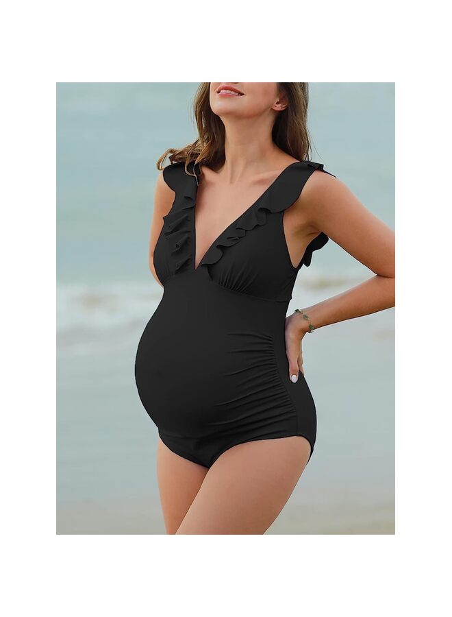 ملابس سباحة للأمومة برقبة على شكل حرف V قطعة واحدة مونوكيني مكشكش برباط (اللون: أسود، المقاس: كبير) - Image 4