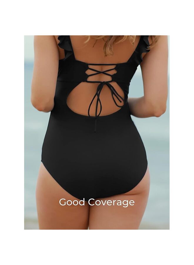 ملابس سباحة للأمومة برقبة على شكل حرف V قطعة واحدة مونوكيني مكشكش برباط (اللون: أسود، المقاس: كبير) - Image 5
