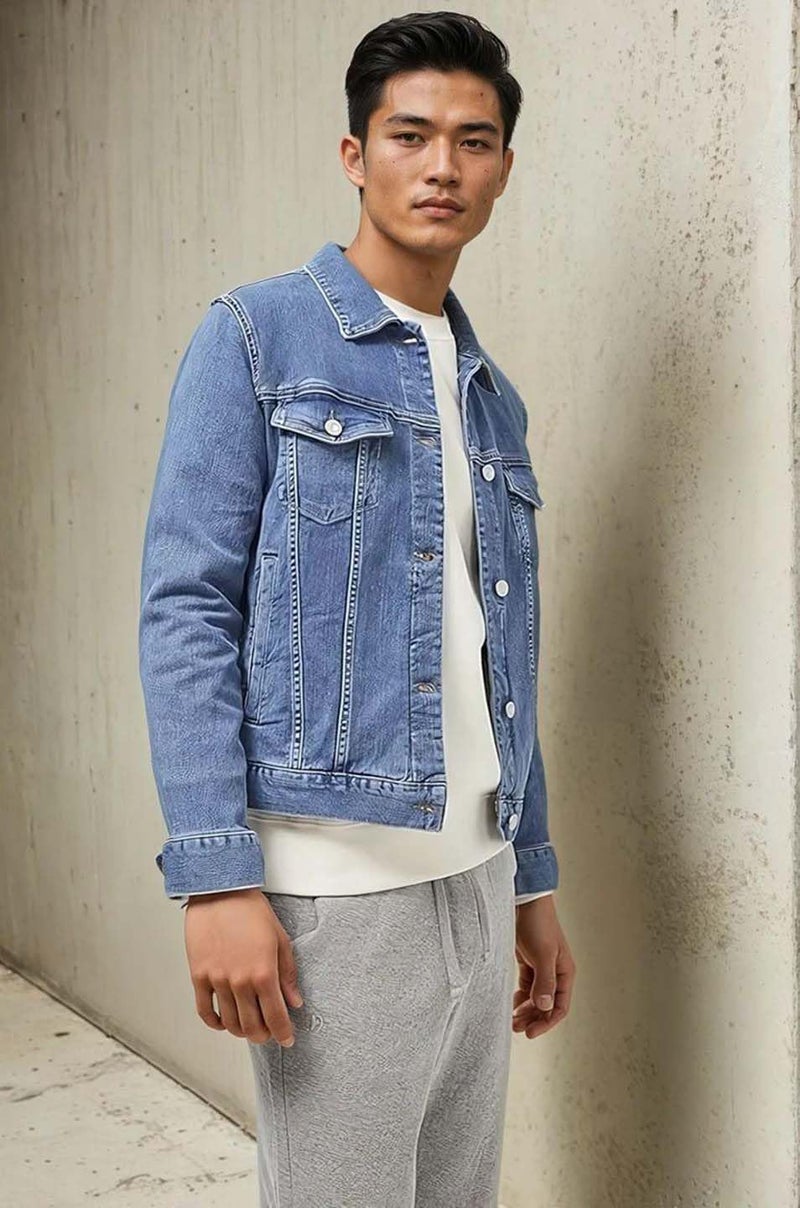 KOTTY Mens Solid Collared Sterling Blue Full Sleeve Denim Jacket (Blue,S)-KTTFKMENSDENIMJACKET114S - Image 2