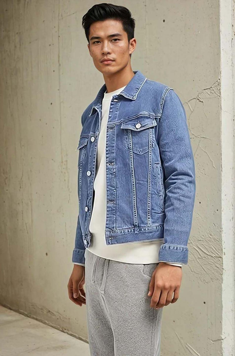 KOTTY Mens Solid Collared Sterling Blue Full Sleeve Denim Jacket (Blue,S)-KTTFKMENSDENIMJACKET114S - Image 3