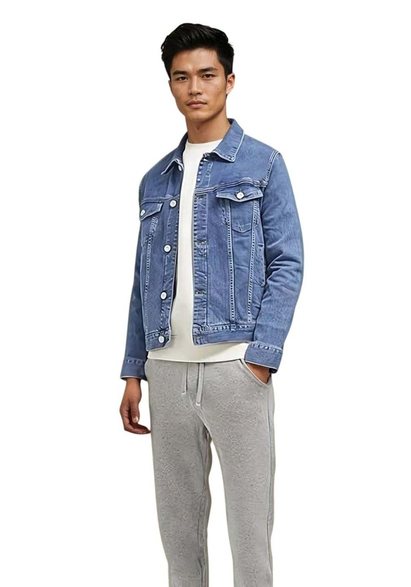 KOTTY Mens Solid Collared Sterling Blue Full Sleeve Denim Jacket (Blue,S)-KTTFKMENSDENIMJACKET114S - Image 1