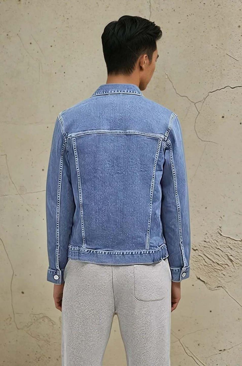 KOTTY Mens Solid Collared Sterling Blue Full Sleeve Denim Jacket (Blue,S)-KTTFKMENSDENIMJACKET114S - Image 5