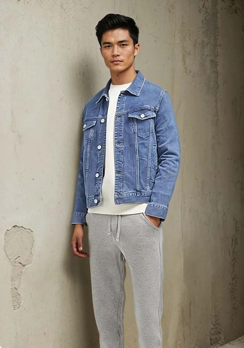 KOTTY Mens Solid Collared Sterling Blue Full Sleeve Denim Jacket (Blue,S)-KTTFKMENSDENIMJACKET114S - Image 4