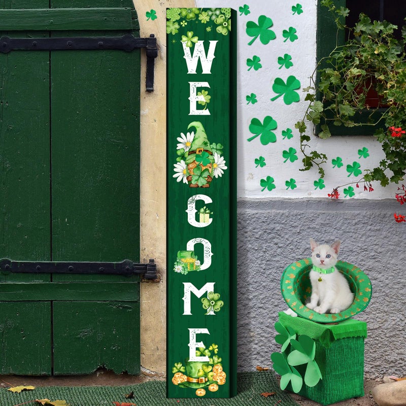WovWeave St. Patrick's Day Porch Sign Green Wooden Welcome Porch Decor Shamrocks Door Sign 47 Inch Welcome Hanging Decor St. Patrick Decoration Outdoor Indoor for Party Front Door Wall Home(Gnome) - Image 1