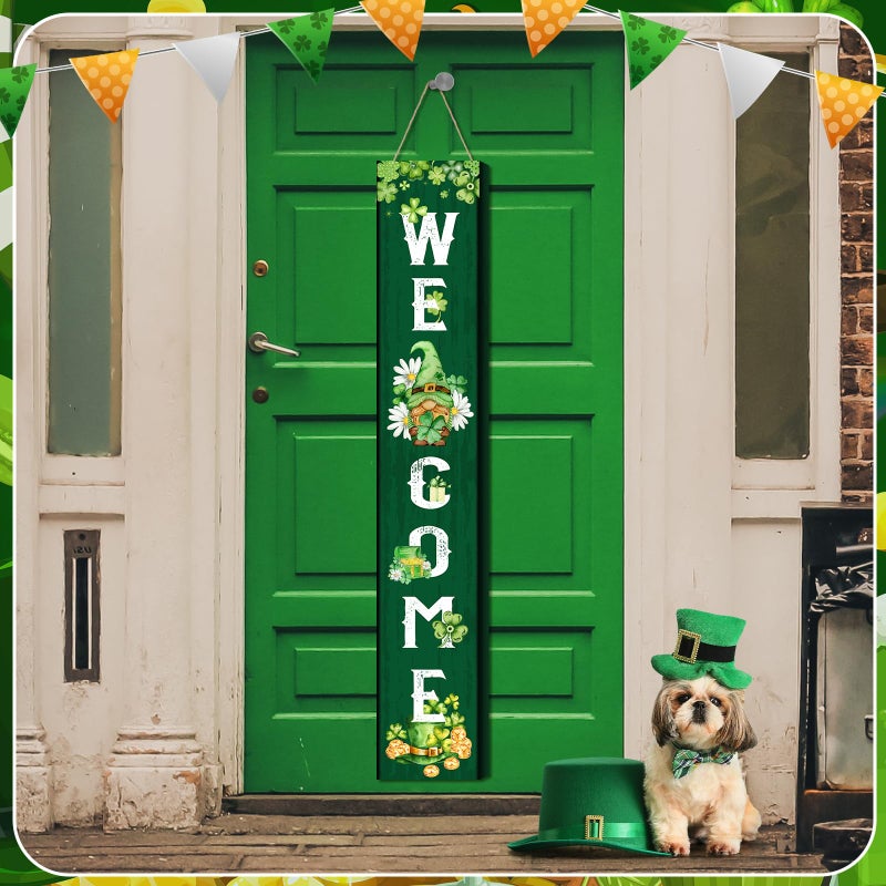 WovWeave St. Patrick's Day Porch Sign Green Wooden Welcome Porch Decor Shamrocks Door Sign 47 Inch Welcome Hanging Decor St. Patrick Decoration Outdoor Indoor for Party Front Door Wall Home(Gnome) - Image 4