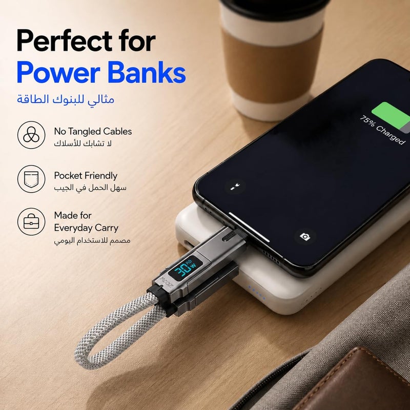 Pzoz 0.18M 140W 4-in-1 Short USB C Cable, USB C & Lightning Keychain Charging Cable with LED Display, Portable Fast Charging Cord for Power Bank, iPhone, MacBook, iPad, Samsung - Image 2