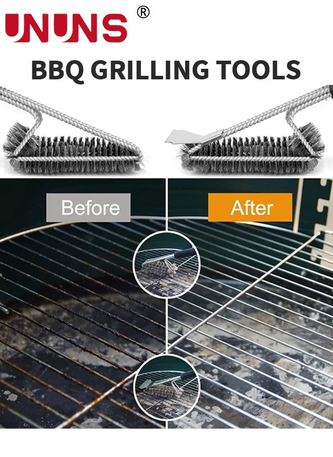 UNUNS Grill Cleaning Brush,2-In-1 Grill Brush And Scraper,BBQ Brush For Grill,Safe Wire Scrubber,Universal Fit BBQ Cleaner Accessories,Barbecue Triple Scrubbers Cleaning Brush For Charcoal Grilling Grates  - Image 2