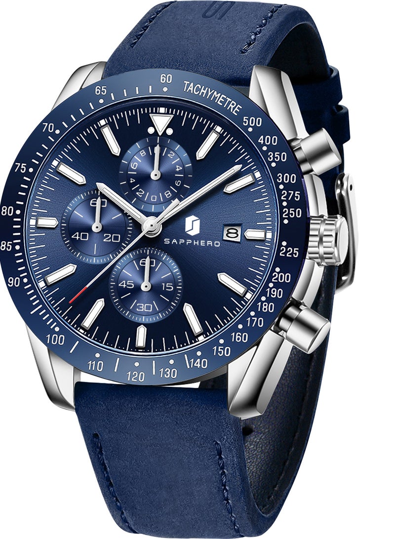 Sapphero Mens Watch Waterproof Chronograph Date Watch for Men Leather Strap Quartz Movement Analog Watch Business Casual Gift for Men - Image 1