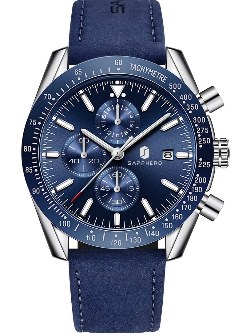 Sapphero Mens Watch Waterproof Chronograph Date Watch for Men Leather Strap Quartz Movement Analog Watch Business Casual Gift for Men - Image 2